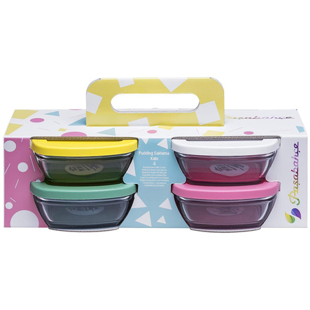 Szklane miski z pokrywkami 4 szt. kwadratowe kolorowe 200ml Pasabahce
