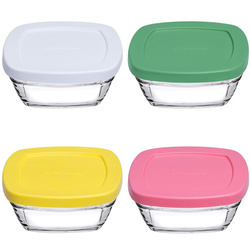 Szklane miski z pokrywkami 4 szt. kwadratowe kolorowe 200ml Pasabahce